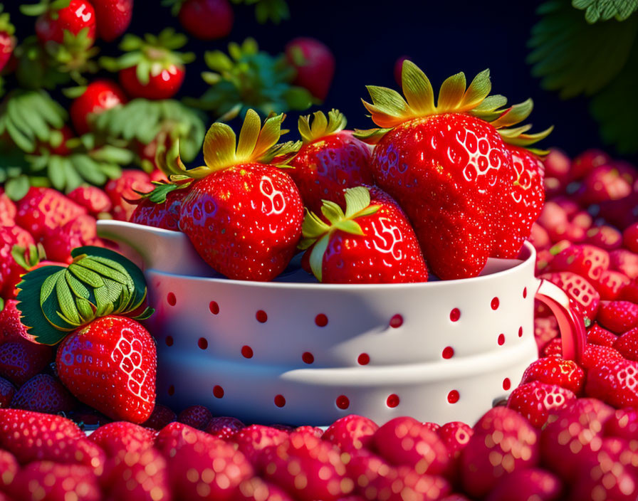 White Ceramic Bowl with Red Polka Dots and Ripe Strawberries on Dark Background