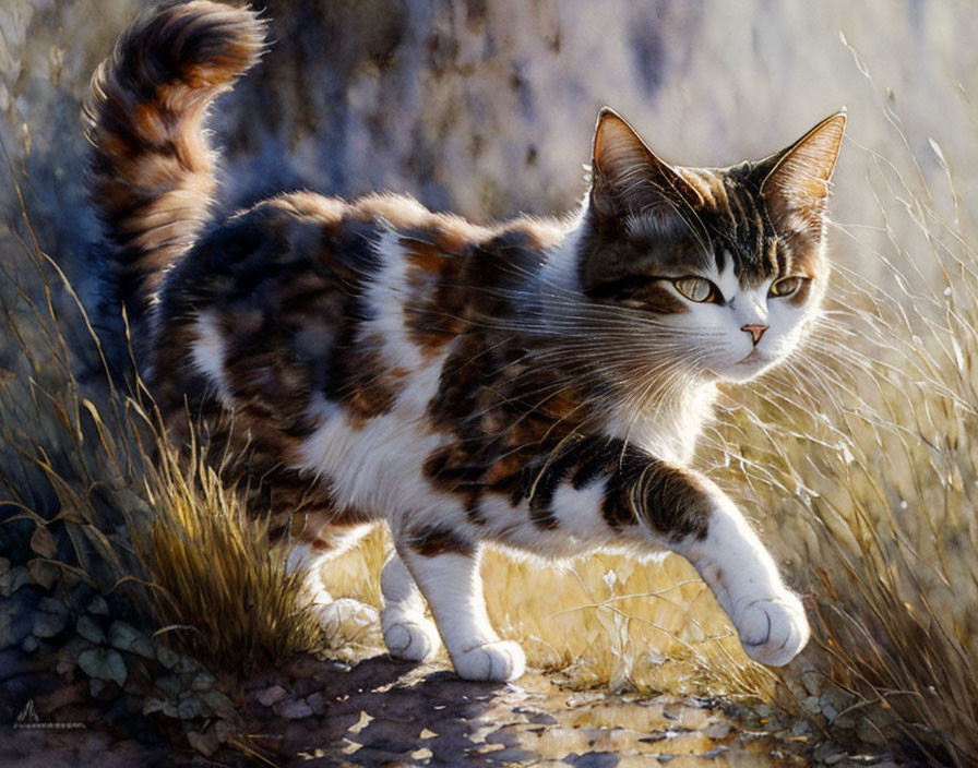 Calico Cat with Bushy Tail Walking in Rocky Terrain