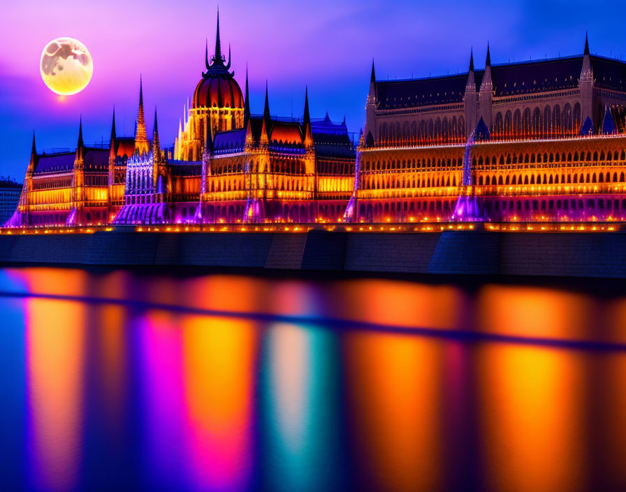 Gothic building illuminated by river at twilight with full moon and purple sky