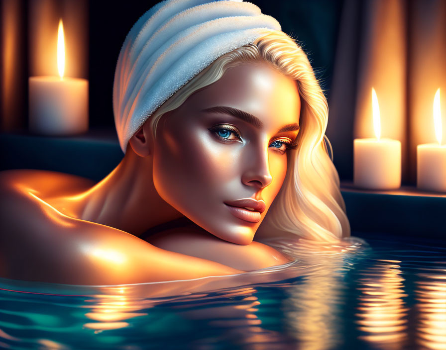 Woman with towel relaxes in pool surrounded by lit candles