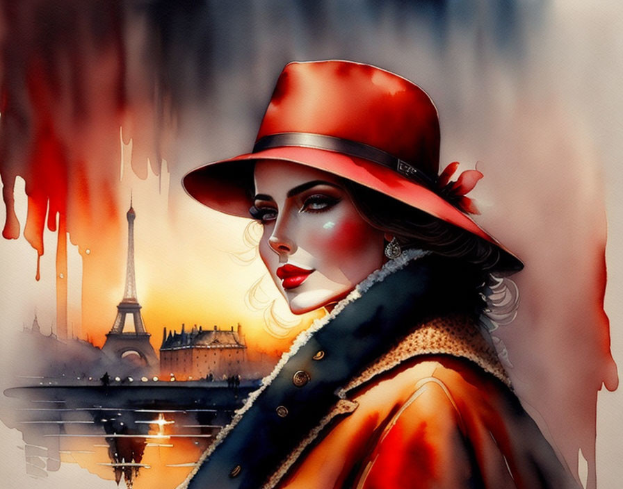 Stylish woman in red hat with Eiffel Tower in misty background, warm colors and