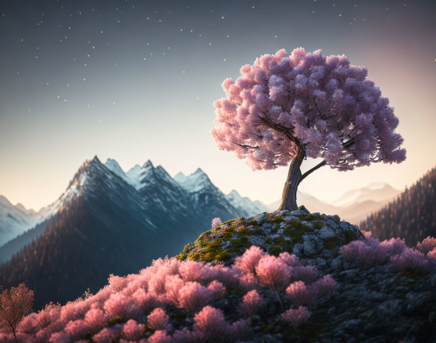 Cherry Blossom Tree on Hill Overlooking Mountains at Dusk