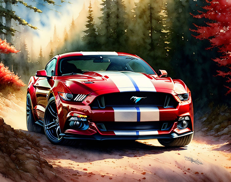 Striped Mustang Sports Car on Forest Road with Sunrays