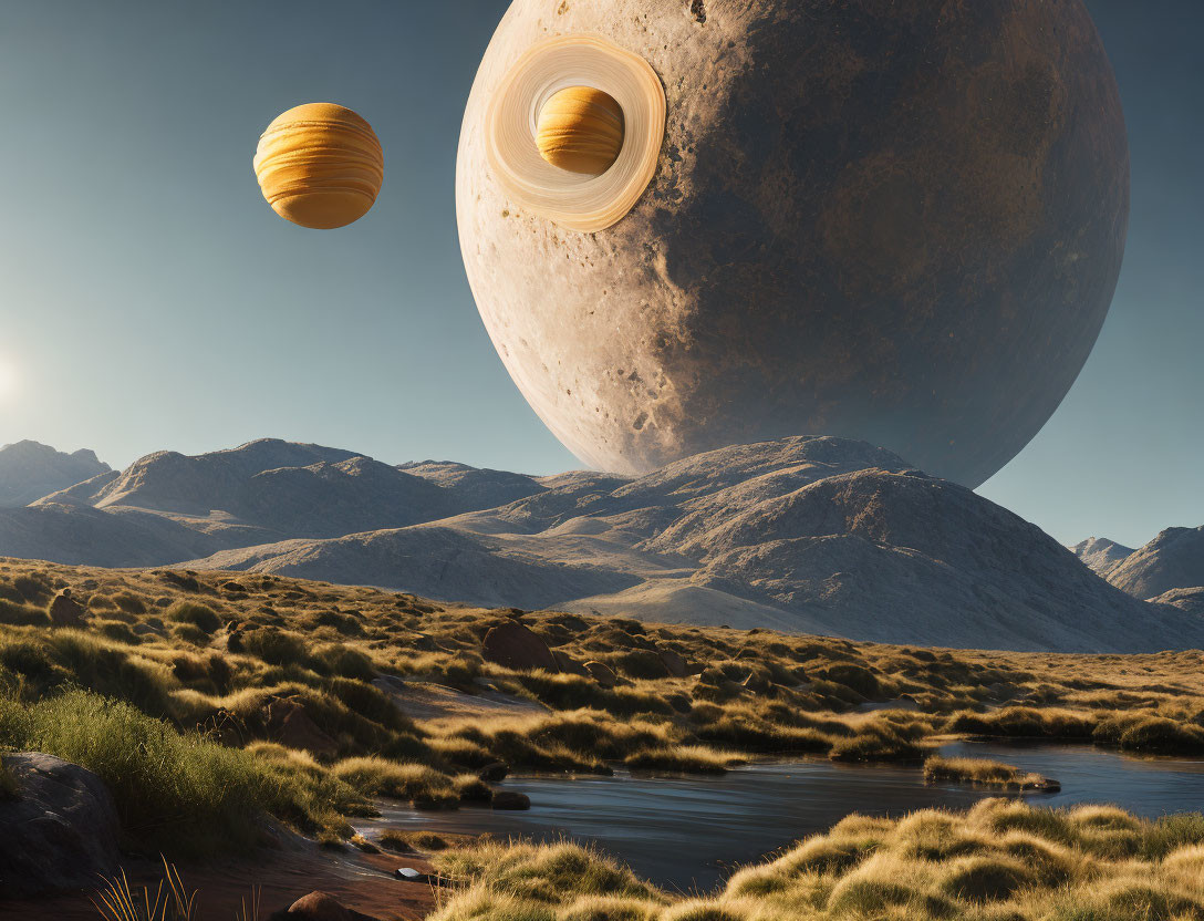 Surreal landscape with large planetary bodies over rocky terrain