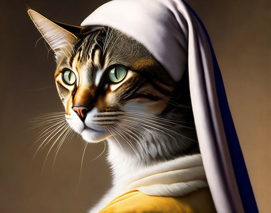 Renaissance-style cat with green eyes in draped garment