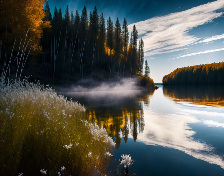 Tranquil lake with mist, autumn forests, and blue sky