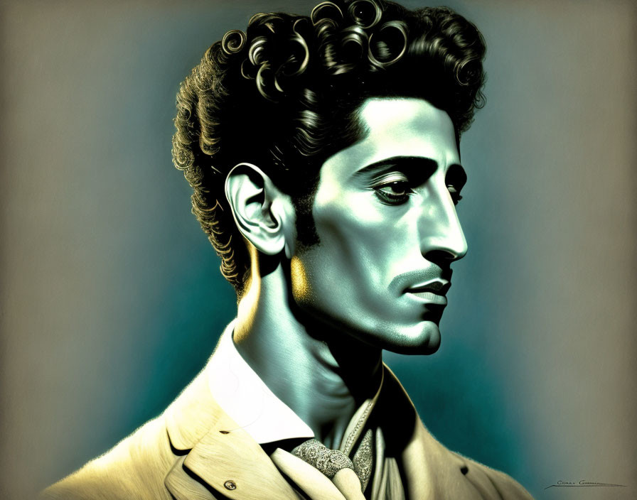 Illustration of man with curly hair in suit on turquoise background