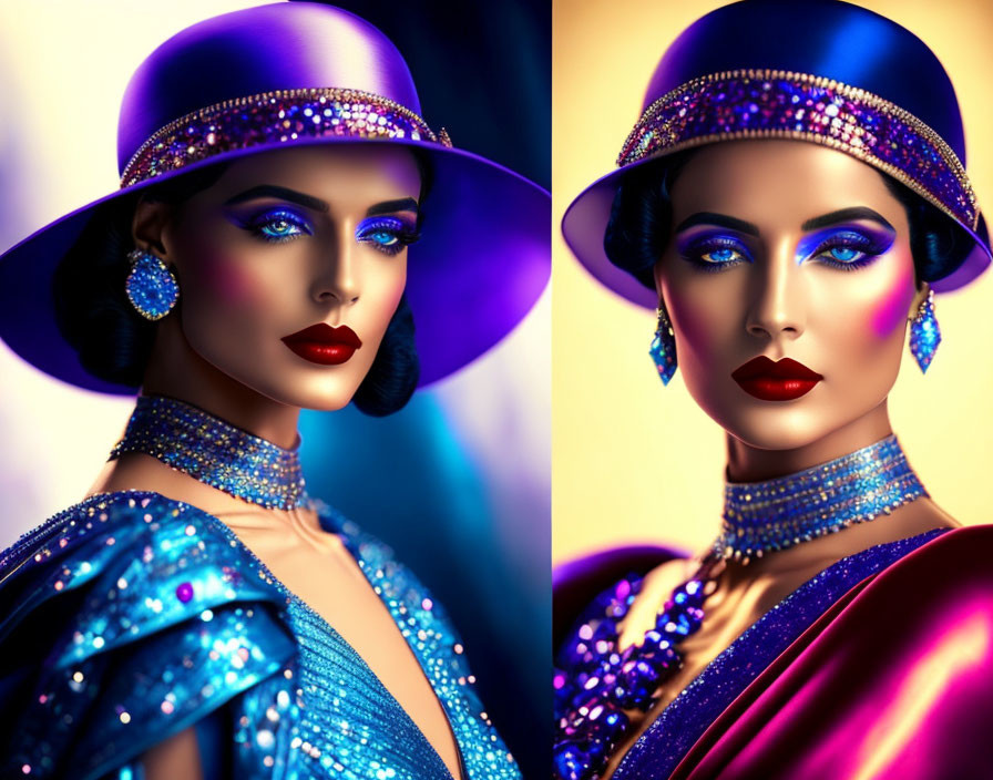 Vibrant blue and purple makeup on glamorous woman with sparkling hat and attire