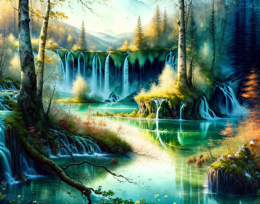 Tranquil forest scene with vibrant waterfalls and lush greenery