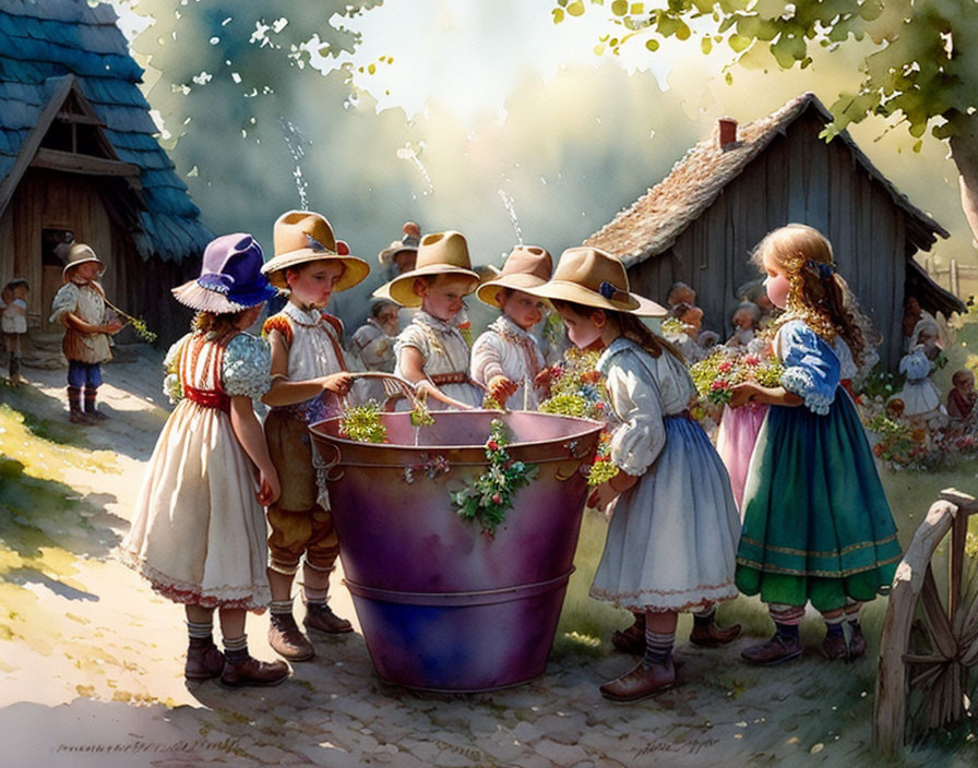 Children in traditional outfits around large flower-filled bucket in rustic village.