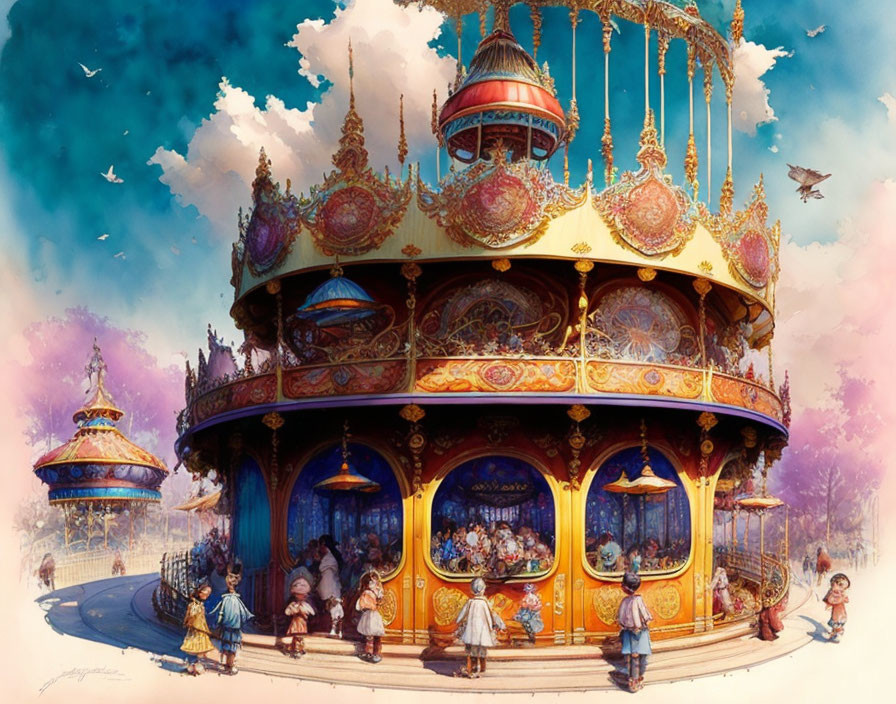 Whimsical double-decker carousel with ornate decorations and period-clad people
