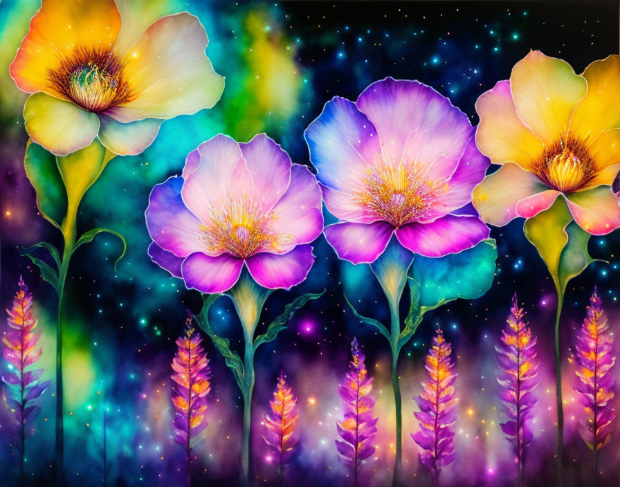 Colorful Flower Painting with Cosmic Background