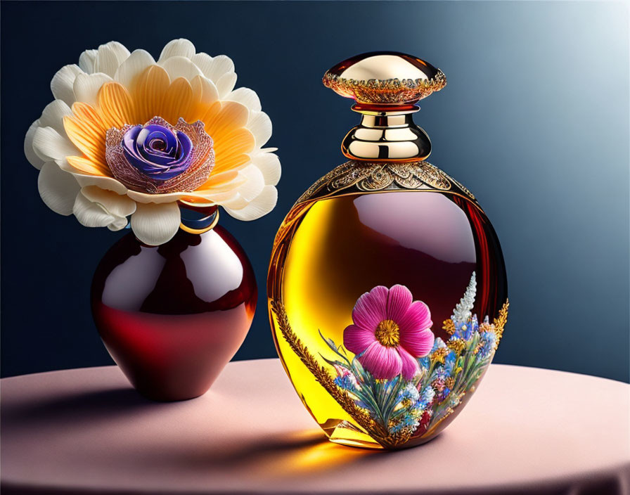 Gold and floral perfume bottle next to large flower art on blush surface with blue backdrop