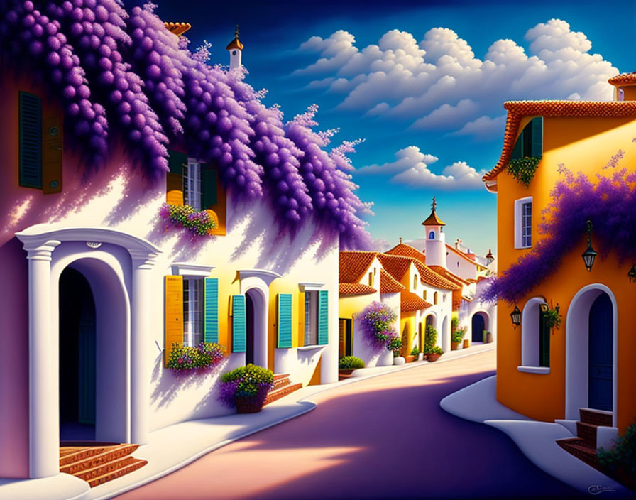 Colorful Street Scene with Purple Flowers and Fluffy Clouds