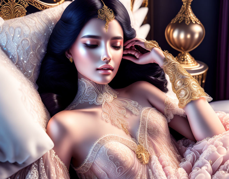 Luxurious reclining woman adorned with gold jewelry and lace on cushions.