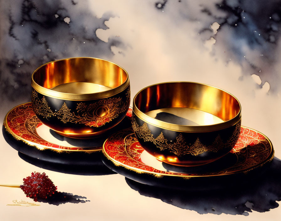 Ornate Golden Bowls on Matching Plates with Red Berry Sprig