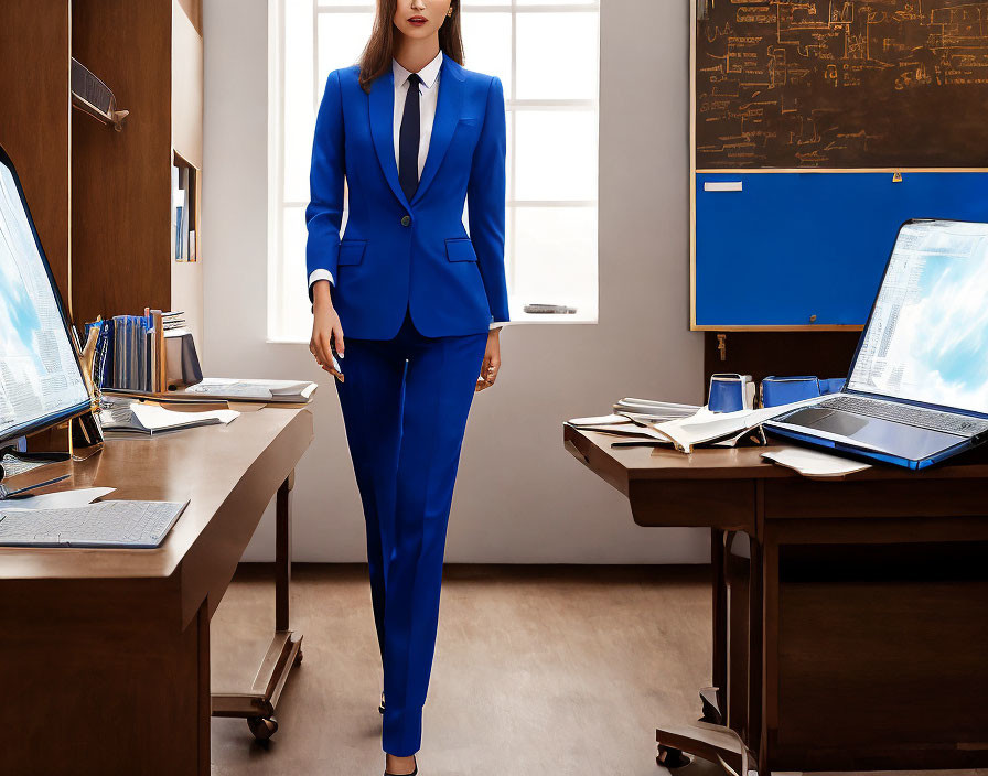 Confident Professional Woman in Blue Suit in Modern Office