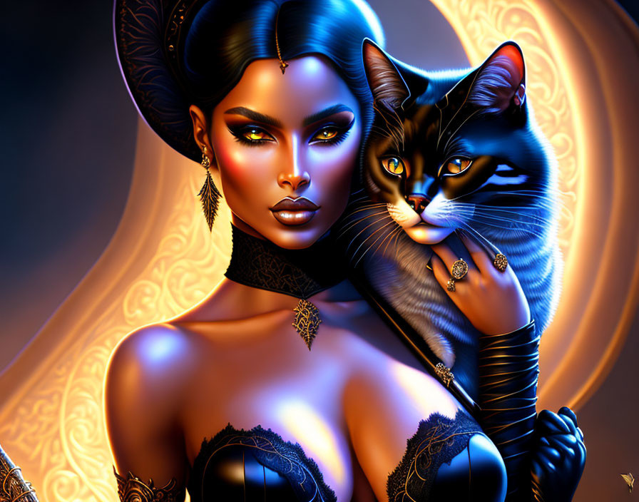 Digital Artwork: Woman with Striking Makeup and Black Cat in Intense Gaze