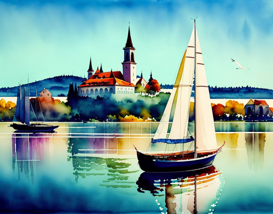 Sailboat on calm lake with castle, hills, and blue sky
