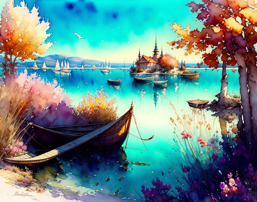 Serene lake scene with boats, distant temple, autumn trees, and petal-like flecks