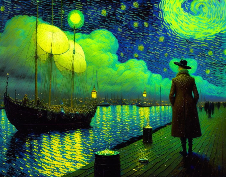 Person in hat and coat on wooden pier at night with starry sky and ship.