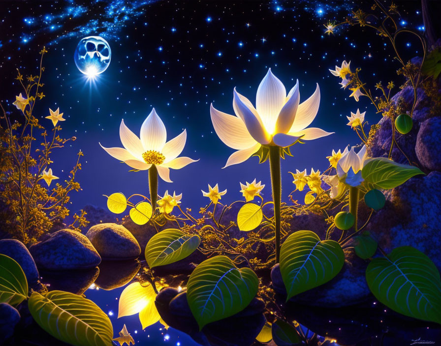 Digital Art: Glowing Lotus Flowers by Serene Pond