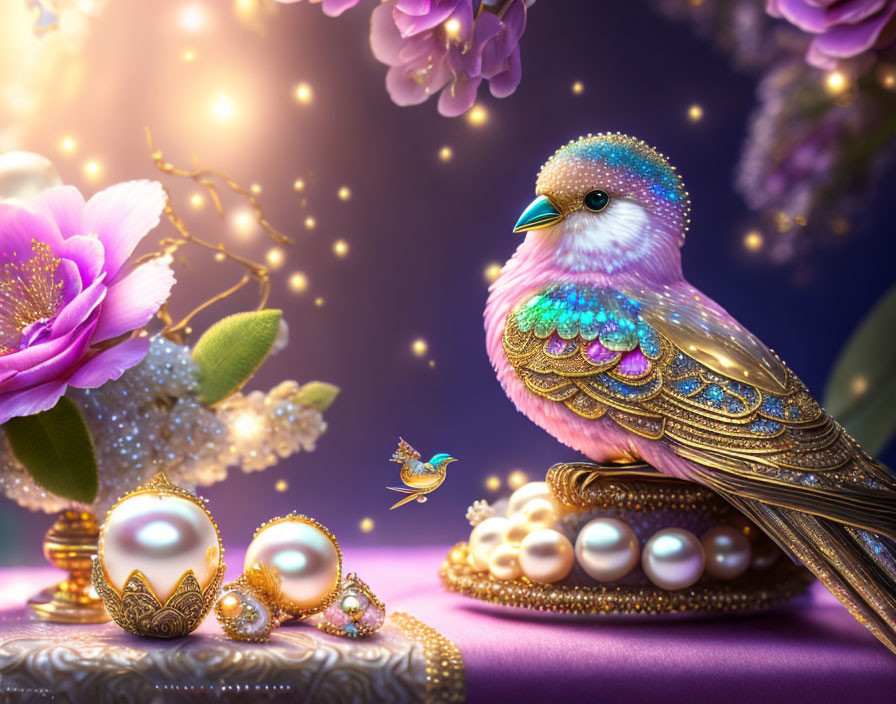 Colorful jewel-encrusted bird with pearls and flowers under warm lights