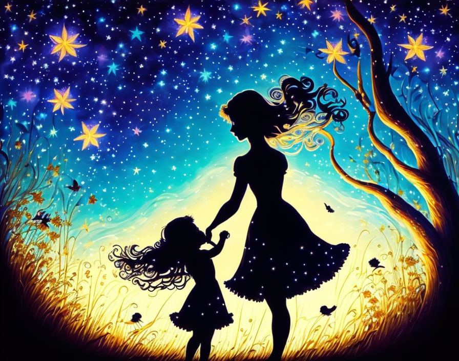 Silhouette of woman and child under starry night sky with whimsical tree and butterflies