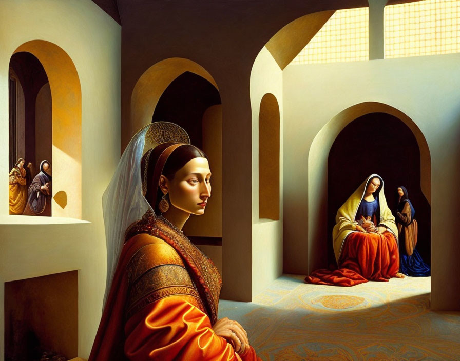 Traditional attire woman painting with serene expression and religious background scenes