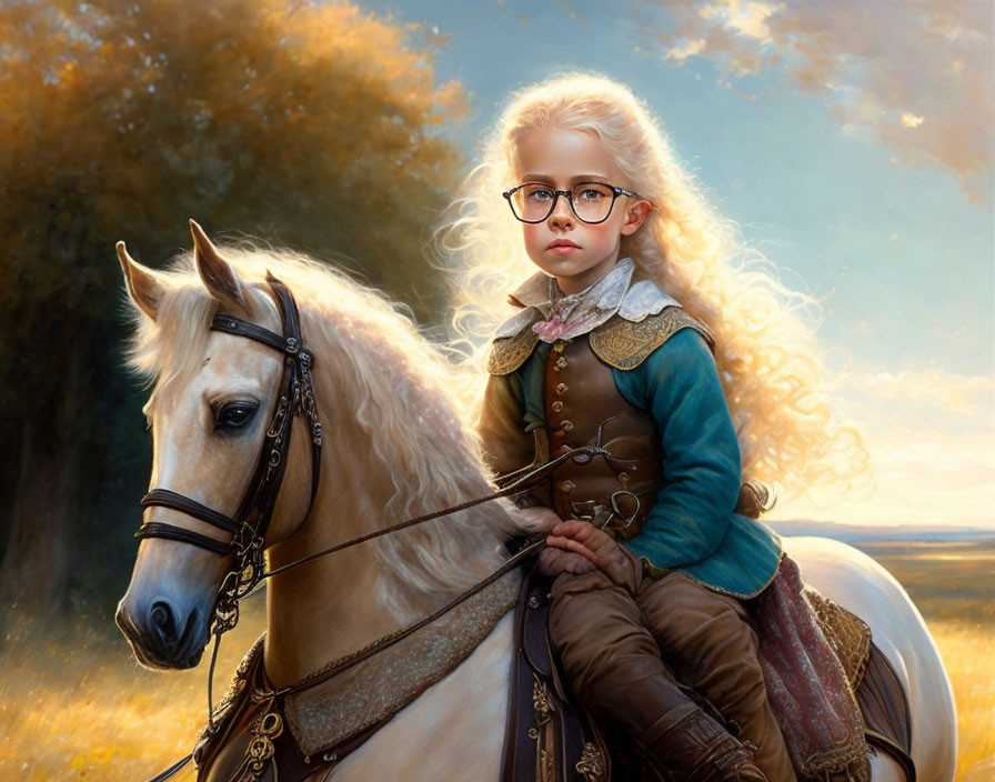 Blond girl with glasses on horse in vintage outfit