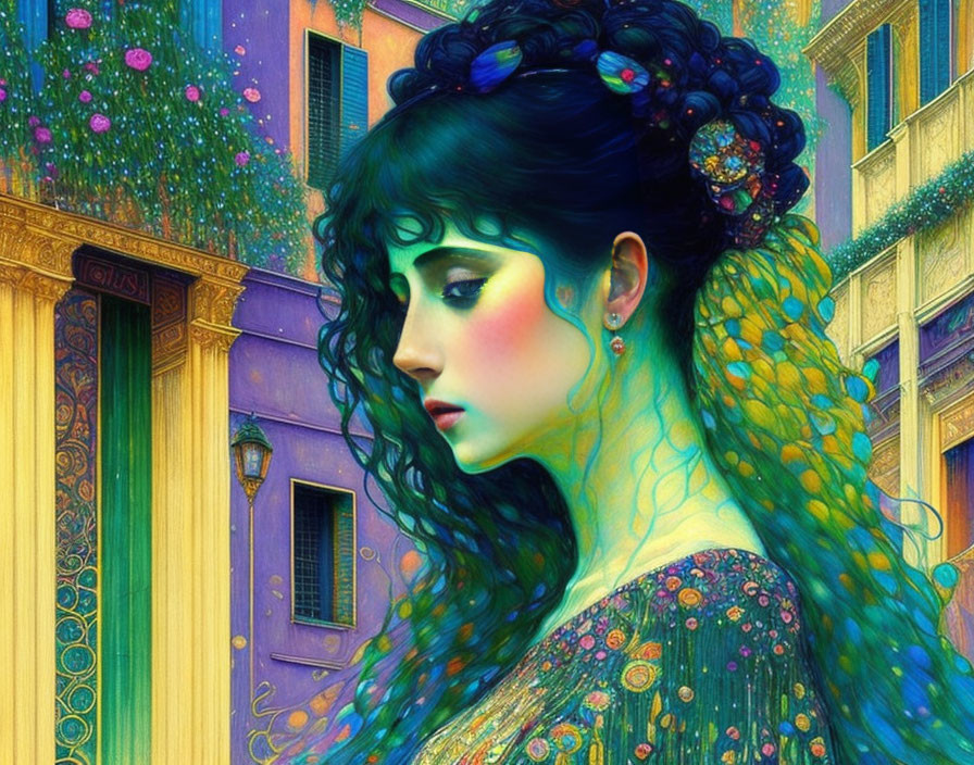 Vibrant illustration of a woman with intricate hair against architectural backdrop