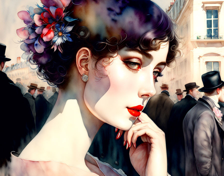 Elegant woman with floral hairpiece in contemplative gaze among men in hats