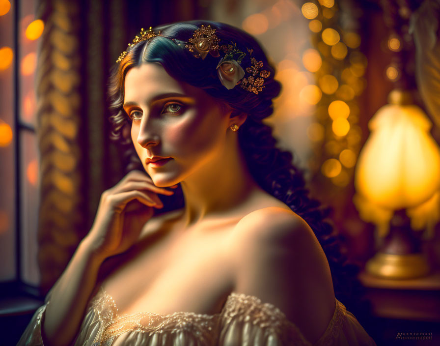 Portrait of a woman with floral hair accessory by a vintage window