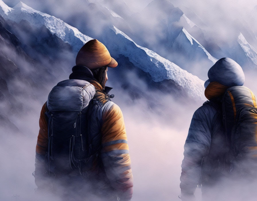 Hikers in Warm Attire Admiring Snowy Mountain Landscape
