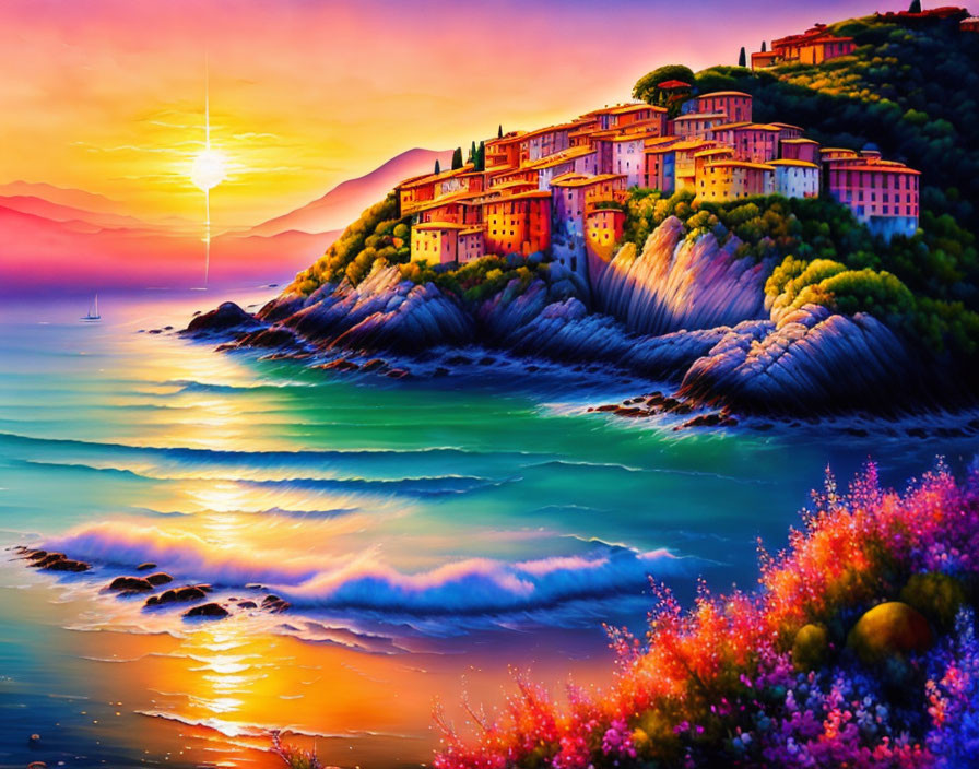 Colorful Coastal Village Painting at Sunrise