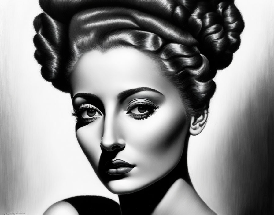 Detailed Black and White Illustration of Woman with Elegant Hairstyle