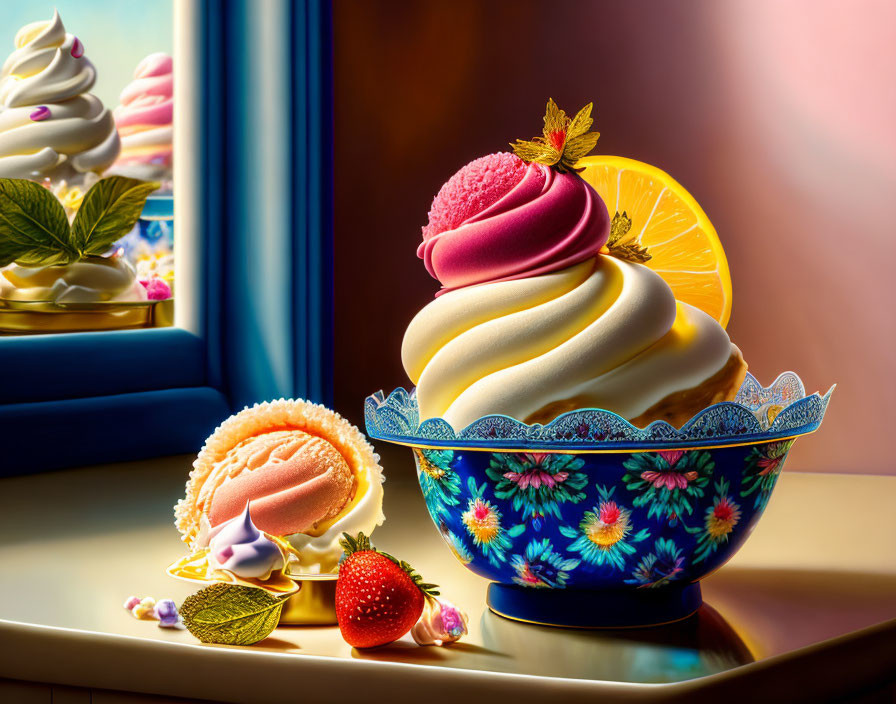 Colorful ice cream bowl with fruit garnishes and cookies on table