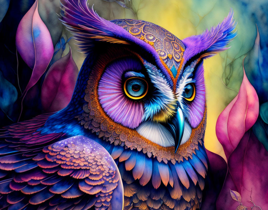 Colorful Owl Illustration with Detailed Feathers and Foliage Background