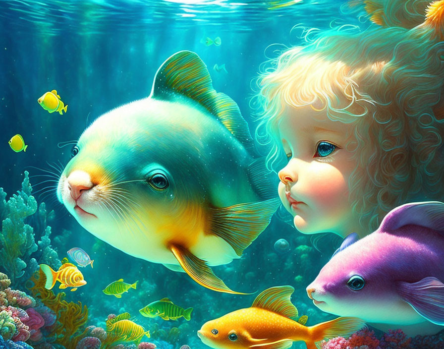 Colorful underwater illustration of young girl with fish and coral reef