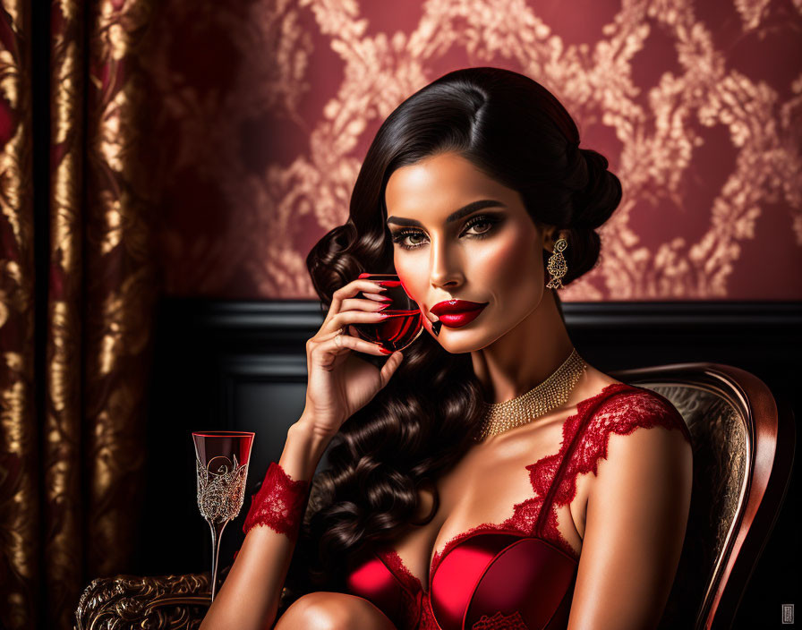 Elegant woman with dark hair and red lipstick in red dress holding glasses next to champagne