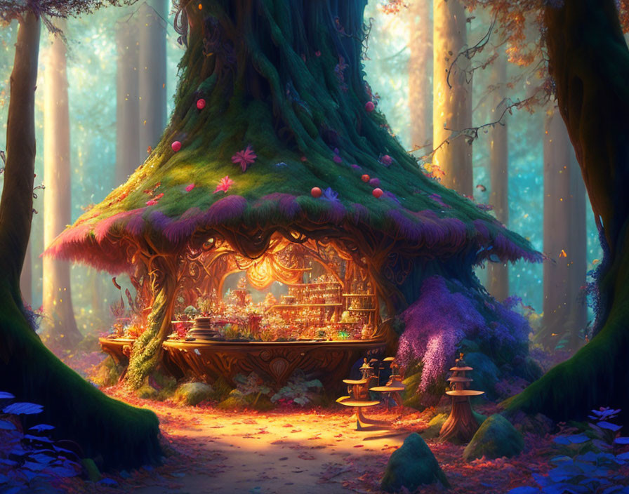 Whimsical treehouse bakery in enchanted forest scene