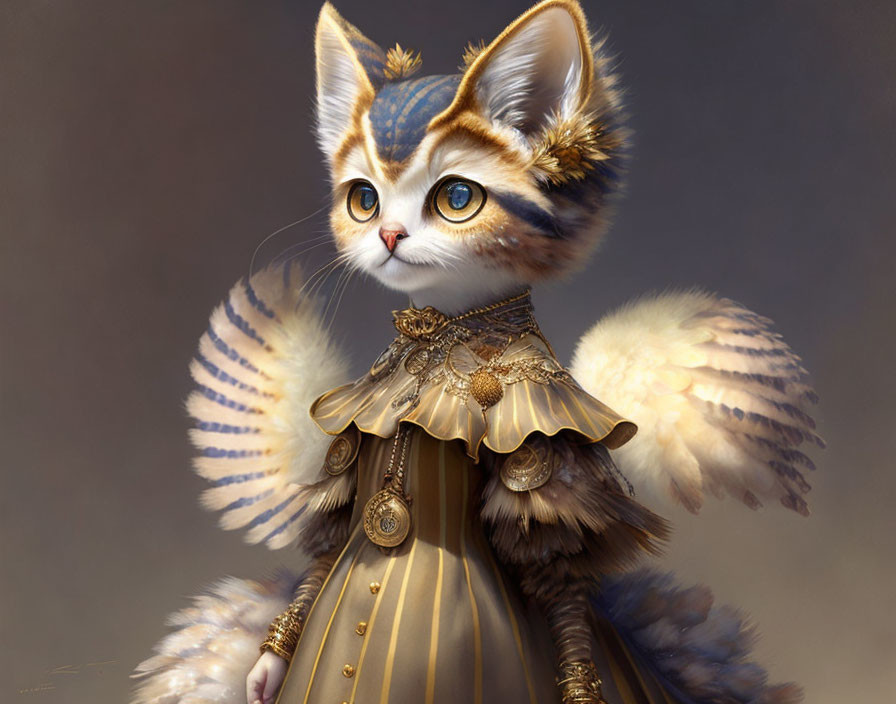 Fantasy kitten with blue eyes, striped ears, wings, and golden coat