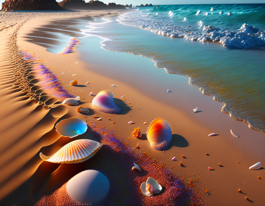 Vibrant sunset over sandy beach with colorful seashells, gentle waves, and foamy shoreline