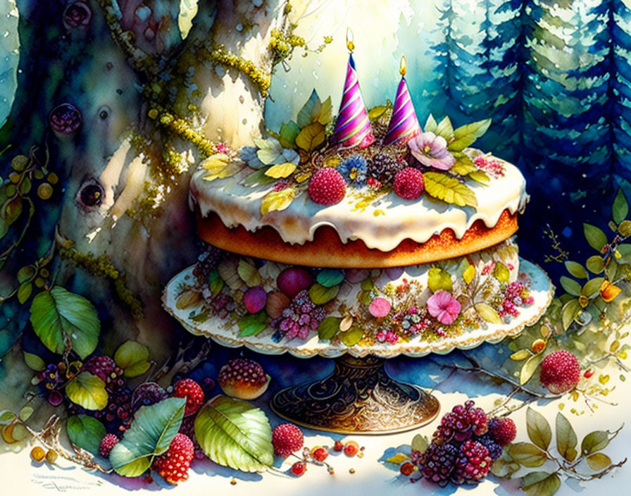 Vibrant birthday cake with fruits in forest setting