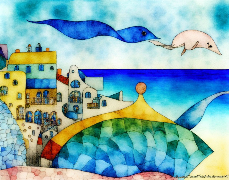 Colorful Coastal Village Watercolor with Flying Fish in Blue Seas