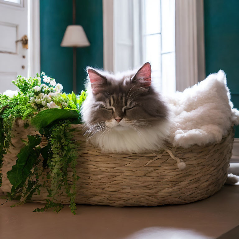 Grey Cat Sleeping in Woven Basket Next to Green Plant in Teal Room