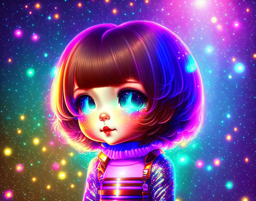 Stylized young girl with blue eyes and brown hair against cosmic backdrop