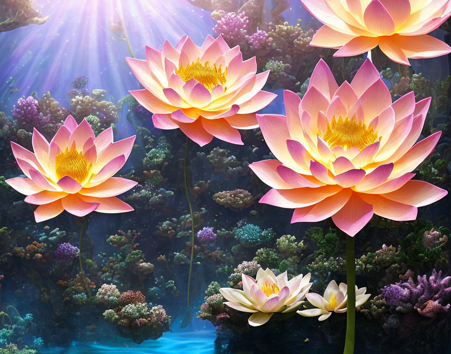 Colorful Lotus Flowers in Mystical Underwater Scene