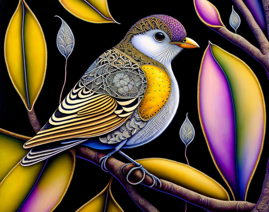 Colorful Stylized Bird Artwork with Intricate Patterns on Dark Background