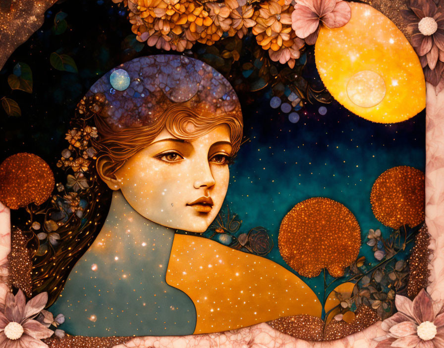 Colorful Woman Blending with Cosmic Background and Floral Motifs